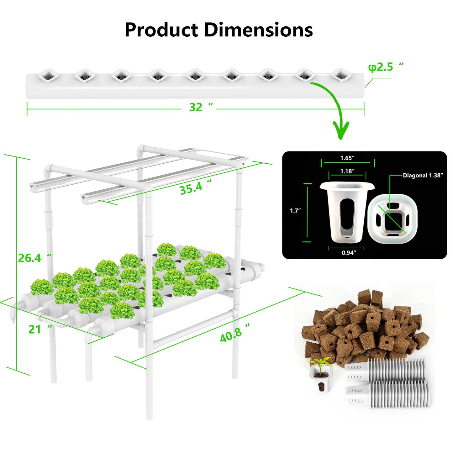 DPROOTS Garden 36 Plant Sites NFT Hydroponic Growing System Kit - Full-Spectrum Grow Lights & Timer