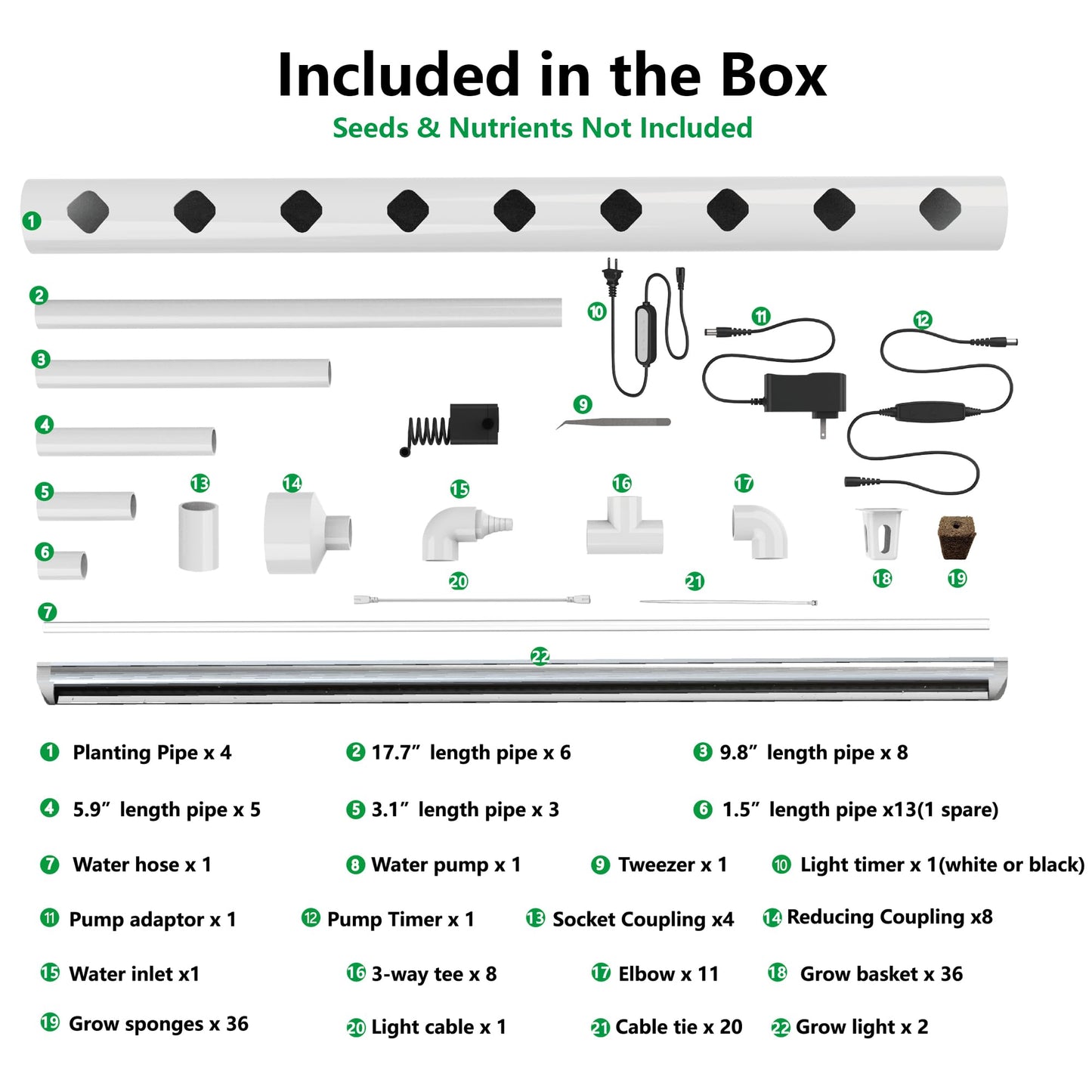 DPROOTS Garden 36 Plant Sites NFT Hydroponic Growing System Kit - Full-Spectrum Grow Lights & Timer