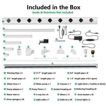 DPROOTS Garden 36 Plant Sites NFT Hydroponic Growing System Kit - Full-Spectrum Grow Lights ＆ Timer