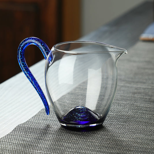 Artisan Glass Gongdao Bei - Elegant Tea Pitcher with Glittering Cobalt Handle