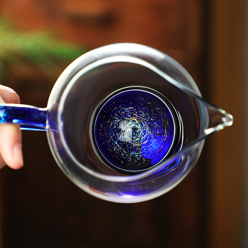 Artisan Glass Gongdao Bei - Elegant Tea Pitcher with Glittering Cobalt Handle